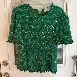 Vintage Green Bead Sequin Top 100% Silk Sht Scallop Sleeve Evening Formal